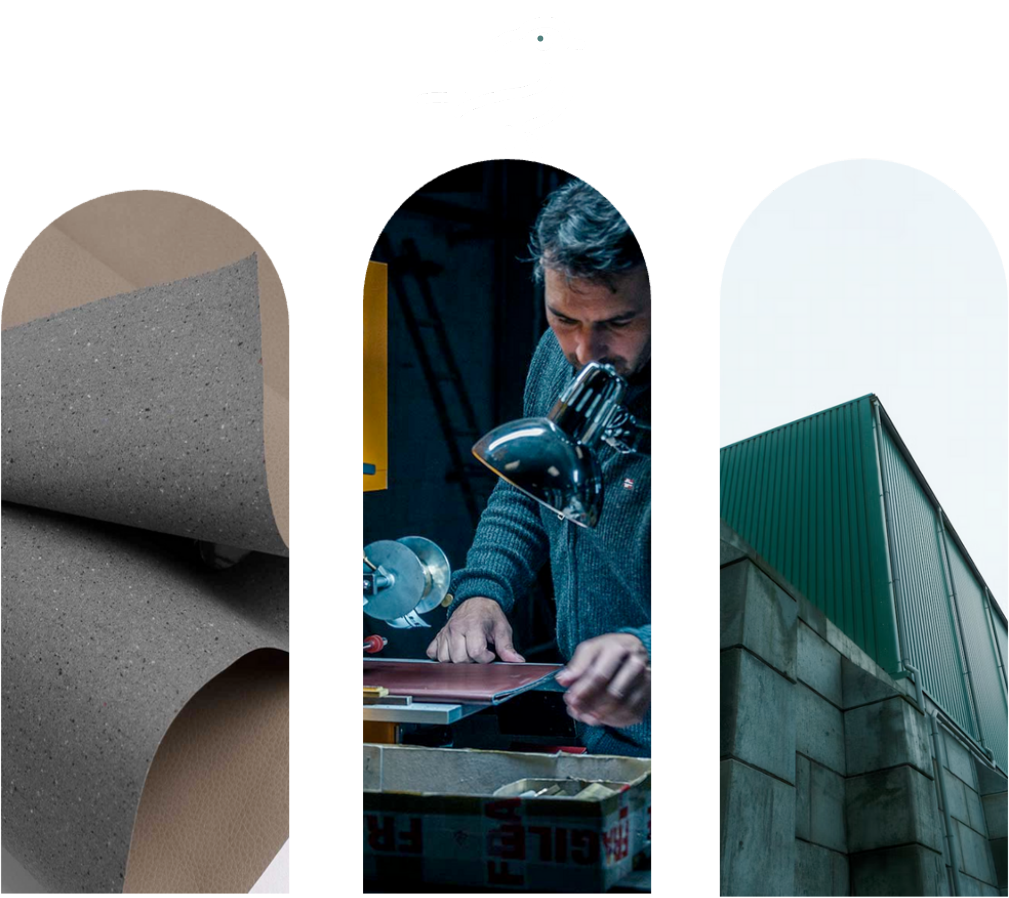 Trois photos alignées verticalement avec des bordures arrondies : une photo de rouleaux de papier gris, une photo d'un homme travaillant sur une machine à imprimer, et une photo d'un bâtiment en béton avec un toit vert. Le petit oiseau blanc du logo est posé au dessus des photos.