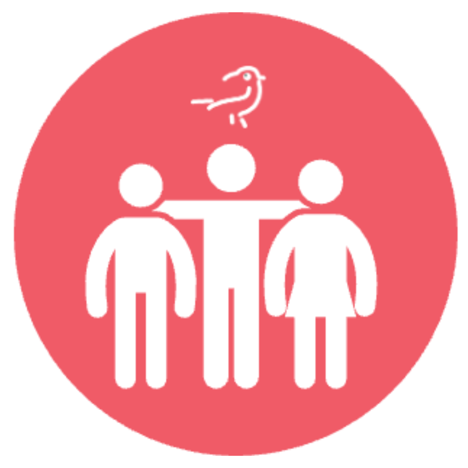 dessin de 3 silhouettes blanches sur fond rouge dont un homme avec un oiseau sur la tête