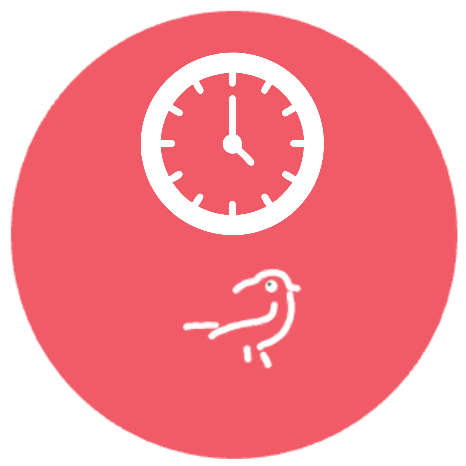 dessin d'une horloge blanche sur fond rouge avec un oiseau en dessous