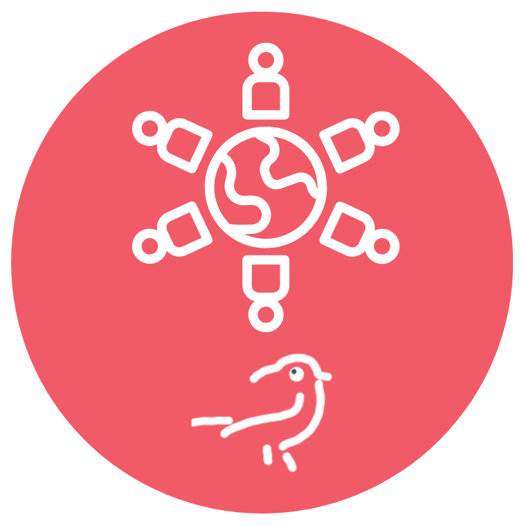 dessin du monde blanc entouré de personnes sur fond rouge avec un oiseau en dessous